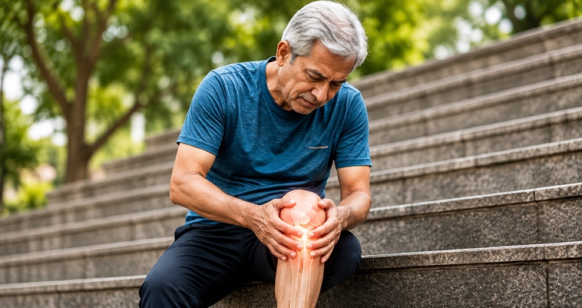 Senior Man Holding Painful Knee Joint on Outdoor Steps