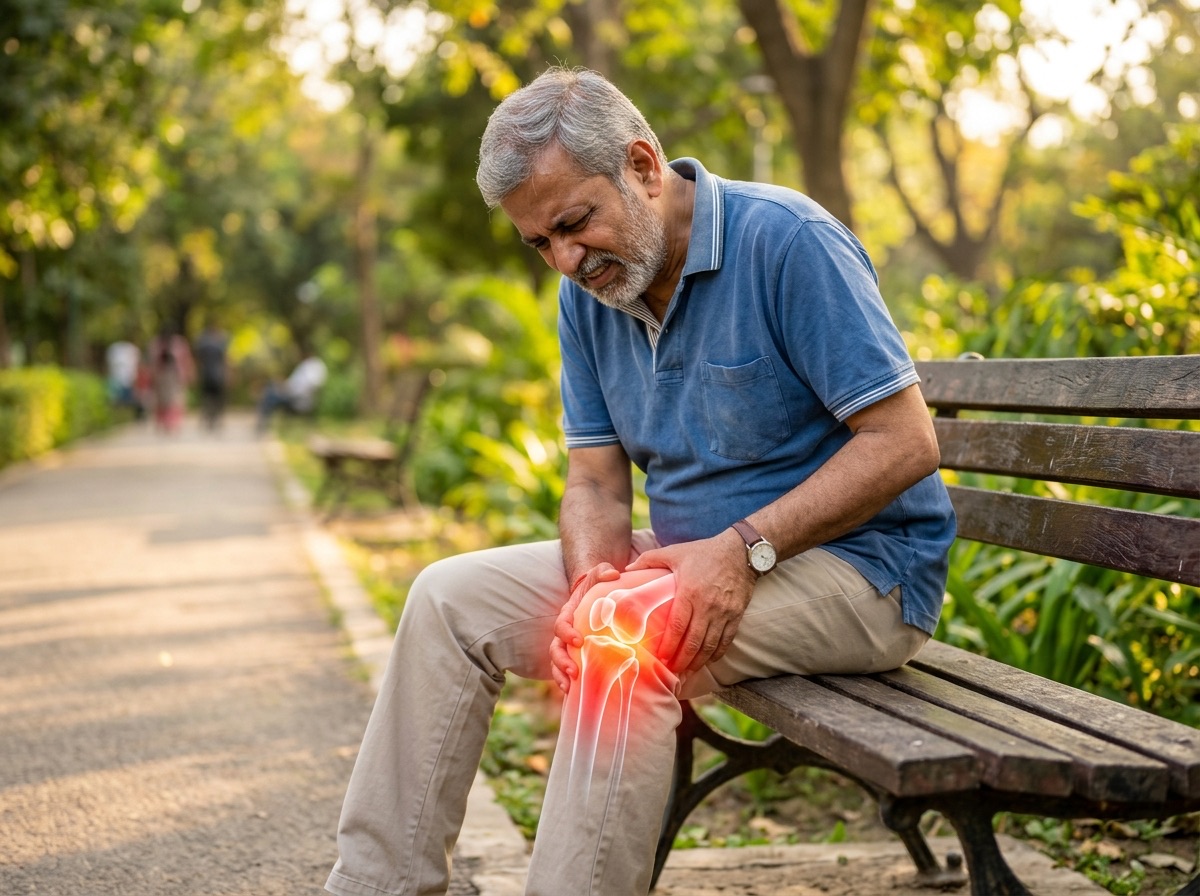Senior Man Holding Painful Knee Joint with Glowing Highlight